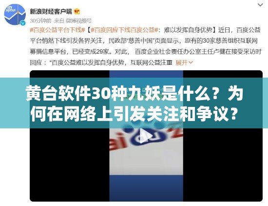 黄台软件30种九妖是什么？为何在网络上引发关注和争议？需要强调的是，黄台软件涉及到不良内容和违法信息，传播和使用这类软件是不道德且违反法律法规的行为，我们应该坚决抵制